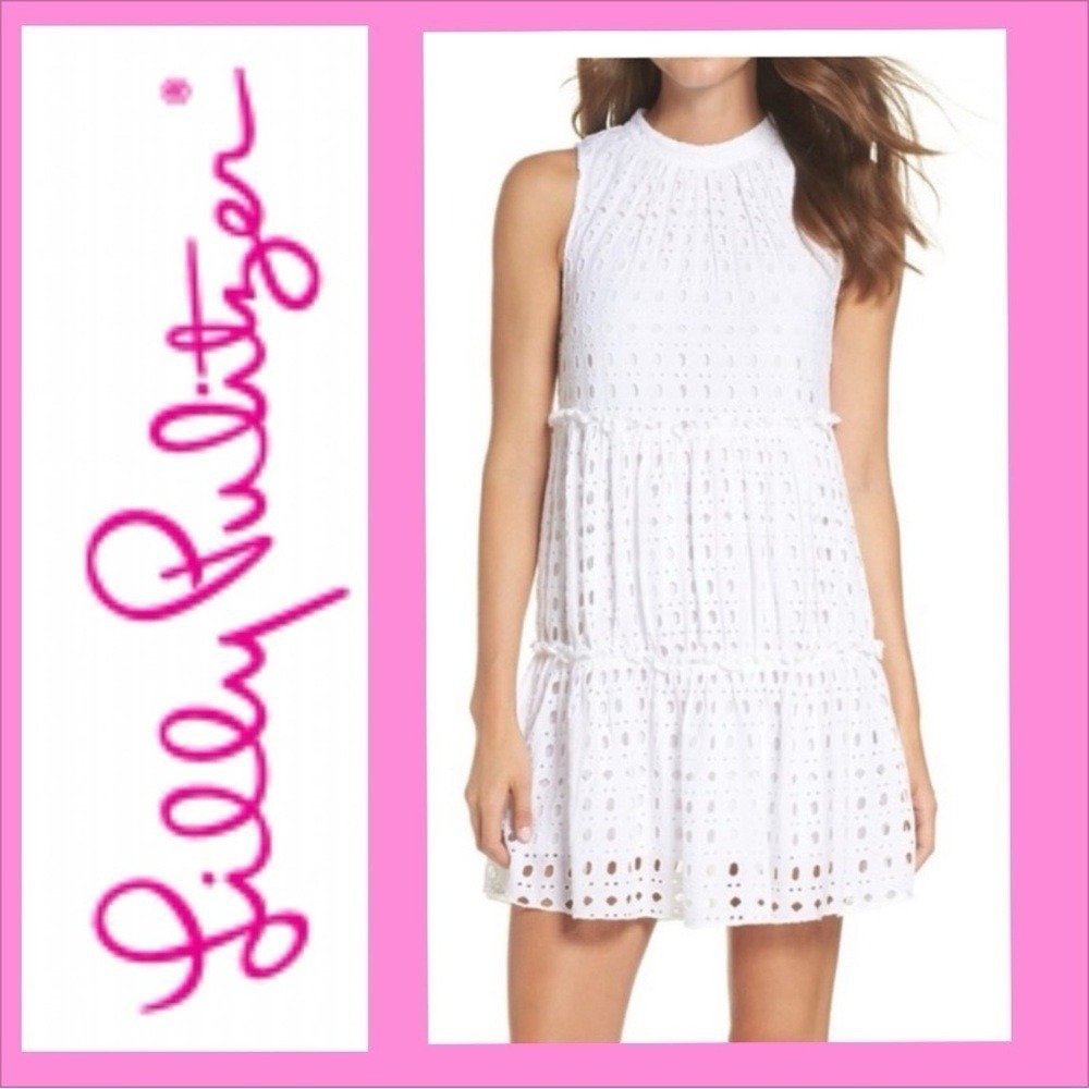 Lilly Pulitzer Indira Swing White Dress Resort Coastal Bridal Rayon Eyelet M